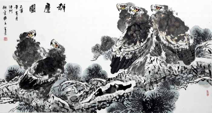中国美术家协会培训中心副主任张金荣做客西苑画社;; 群鹰图; 作品1